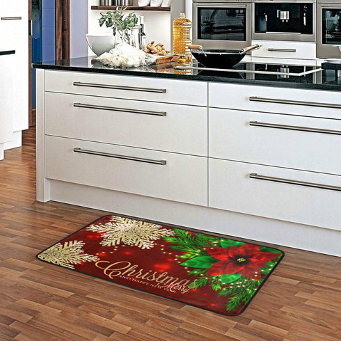 Christmas Kitchen Rugs Red Poinsettia Flower Non Slip Soft Mats, Anti Fatigue Bath Rug Runner Doormats for Home Decor