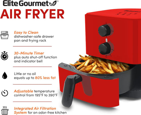 Elite Gourmet EAF-3218R Personal 1.1 Quart Compact Electric Hot Air Fryer - Oil-Less Healthy Cooker with Timer, Red