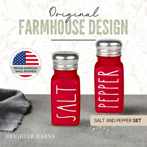 Red Salt and Pepper Shakers Set by Brighter Barns, Modern Farmhouse Kitchen Decor with Stainless Steel Lid