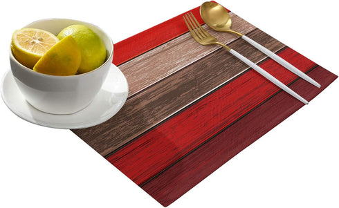 Vandarllin Christmas Red Brown Placemats, Set of 6 Retro Rustic Barn Wood Texture Stain Resistant Table Mats