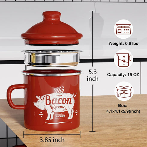 15OZ PGYARD Mini Bacon Grease Container With Strainer - Enamel Grease Saver, Farmhouse Bacon Grease Keeper For Kitchen
