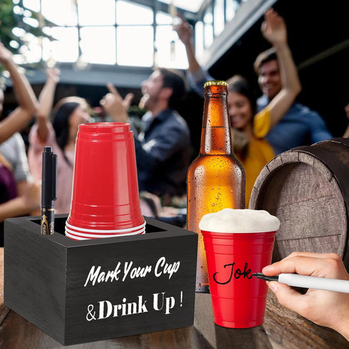 Wooden Cup Holder - Party Cup Holder With Marker Slot, Cup Holder for Party and Wedding, Rustic Disposable Cup Holder for Bar, Kitchen, Countertop, Home & Office, Black