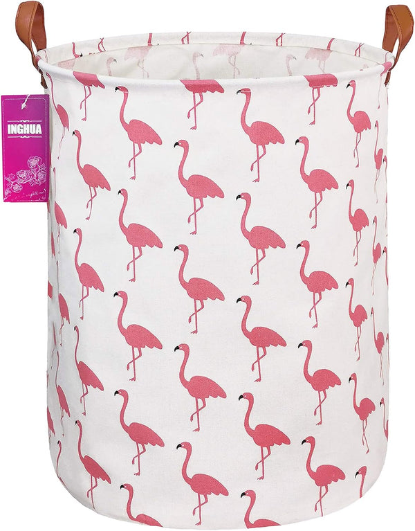 Laundry Hamper Large Canvas Fabric - Lightweight Storage Basket for Toy Organizer and Dirty Clothes (Flamingos)