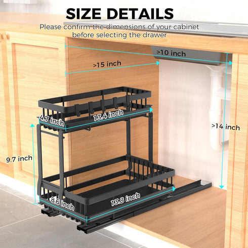 NECHEGI Double Sliding Under Sink Organizer, 2 Tier Pull Out Cabinet Storage Basket, Heavy-Duty Carbon Steel Shelf for