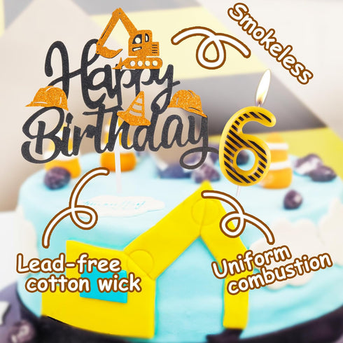 FUNCANDLE Set,Yellow 4 4th Construction Themed Birthday Candles White Stripes Number Candle with Construction Cake