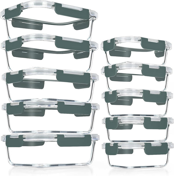 VERONES 10 Pack Glass Meal Prep Containers, Airtight Glass Lunch Containers, BPA-Free, for Microwave, Oven, Freezer &