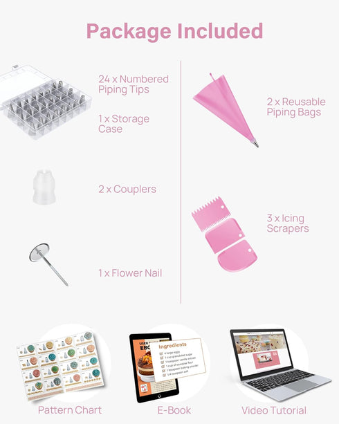 Kootek 32-Piece Cake Decorating Set with 24 Icing Piping Tips, 2 Reusable 12 Inch Pastry Bags for Frosting