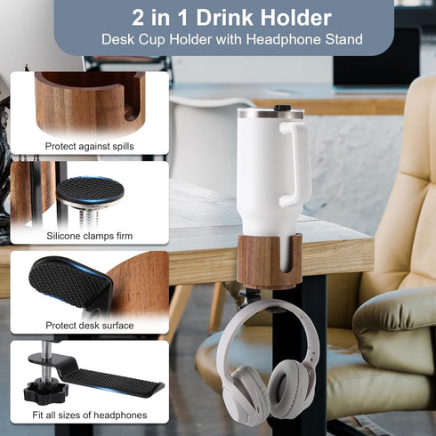 Nnewvante 2 in 1 Desk Cup Holder, 360° Rotating Headphone Hanger and Anti-Spill Cup Holder for Gaming Desk Accessories