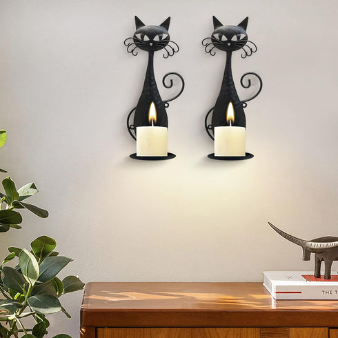 Handmade Black Metal Cat Wall Sconce Candle Holder for Pillar Candles