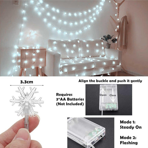20 40 Christmas Lights, Ft LED Snowflake String Lights Battery Operated Waterproof Fairy Lights for Bedroom Patio Room