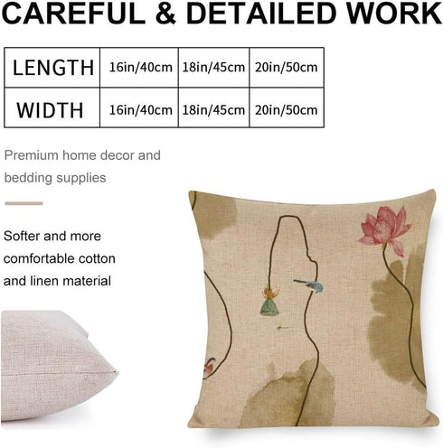 Chinoiserie Throw Pillow Cover, Lotus Ink Painting Flowers, Farmhouse Home Decor 18"x18"