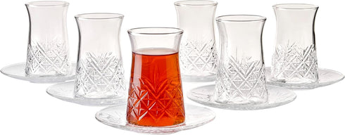 Pasabahce Crystal Turkish Tea Glasses and Saucers, Set of 12 Turkish Tea