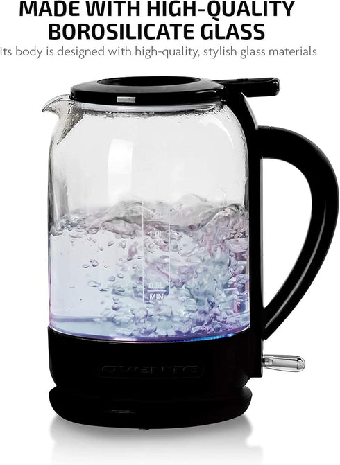 OVENTE Electric Glass Kettle 1.5 Liter 1500W Instant Hot Water Boiler Heater with ProntoFill Tech, Boil-Dry Protection, Automatic Shut Off, Fast Boiling for Tea & Coffee, Black KG516B by OVENTE