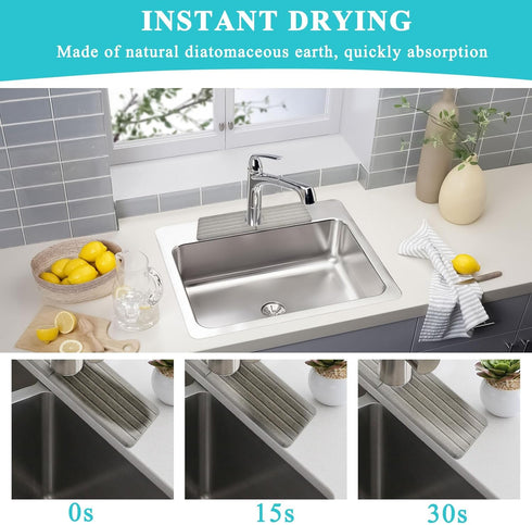 Diatomite Kitchen Faucet Mat, Quick Drying Kitchen Sink Splash Guard Behind Faucet, Grey Water Absorbing Stone Tray for Sink Drying Stone Mat for Bathroom Kitchen Bar Countertop