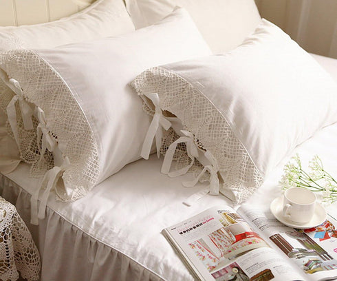 One Piece White Wide Crochet Lace 100% Cotton Pillowcase, King 20"x36"
