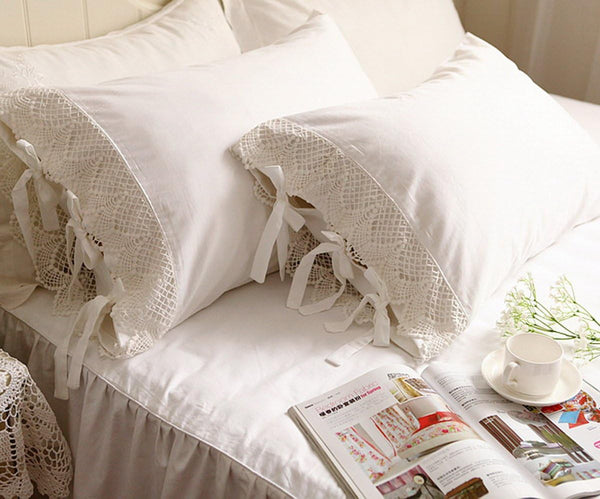 One Piece White Wide Crochet Lace 100% Cotton Pillowcase, King 20"x36"