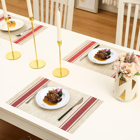 DACHUI Placemats Set of 4 - Soft & Elegant Woven Vinyl, Water Resistant, Red Stripes