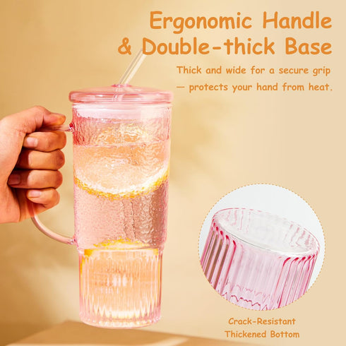 JunVpic Straws,24oz Glass Cups with Lids and Glass Tumbler with Handle Iced Coffee Cup