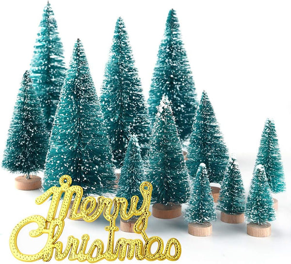 KUUQA 36Pcs Mini Sisal Snow Frost Christmas Trees - Tabletop Ornaments with Merry Christmas Letters