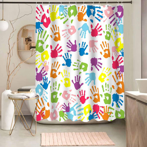 Handprint Bathroom Curtain, Watercolor Rainbow Color, Washable Polyester Fabric Shower Curtain, 72 X 72 Inches