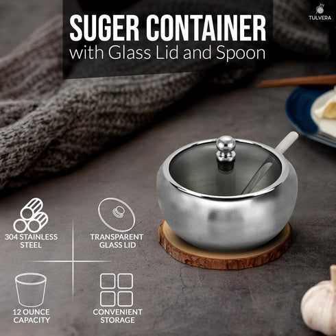 12oz Countertop 350ml Sugar Bowl with Lid and Spoon | Sugar Container for Coffee Bar | Stainless Steel Holder Jar