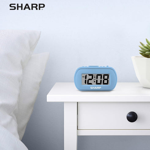 Sharp Digital Alarm Clock, Tactile Case with Soft Rubberized Finish, Battery Operated, Blue Backlight on Demand,