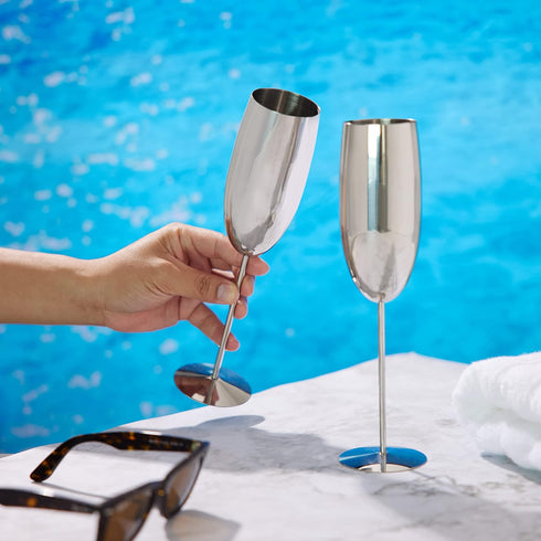 Oak & Steel 4 Silver Stainless Steel Champagne Flutes with Gift Box, 284 ml - Elegant & Unbreakable for Outdoor Parties