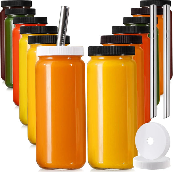 12 PACK, 16 OZ Glass Juice Bottles with Airtight Lids, Bonus 2