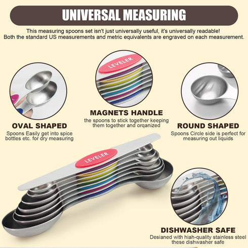 Magnetic Measuring Spoons Set of 8, Stainless Steel, Stackable Dual Sided Teaspoons and Tablespoons