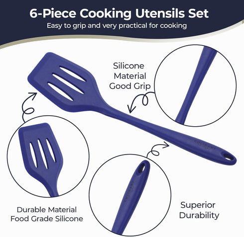 Culinary Couture Blue Silicone Kitchen Utensils Set of 6, Non-Stick Heat-Resistant Silicone Kitchen Utensils Set with Steel Inner Core by Culinary Couture