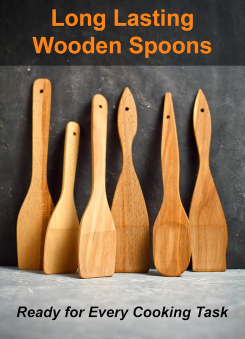 6 Wooden Spoons for Cooking, 100% Natural Nonstick Beechwood Utensils Set