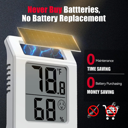 2.2'' 1Pack BaldrTherm Digital Thermometer and Hygrometer Meter, Solar-Powered Indoor Temperature Sensor Humidity