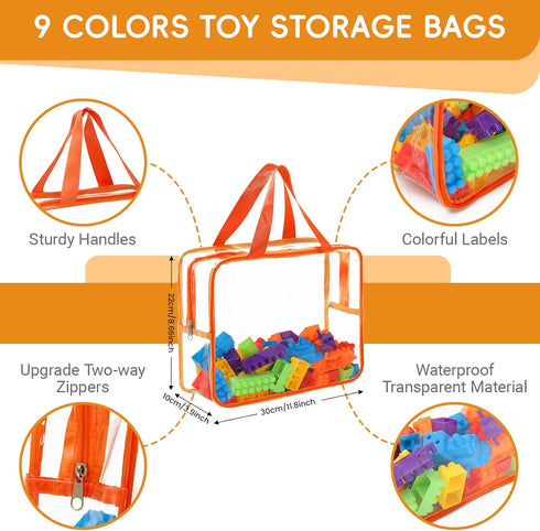 YLQLA 9 Packs Blocks,Puzzle,Books...(9 Large Toy Storage Bags,Kids Toy Organizer with Zipper and Lables,Clear PVC Board