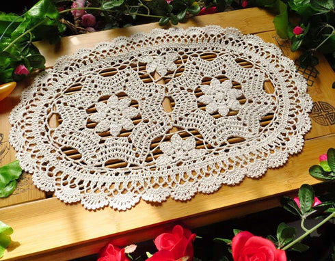 Hetao 11X19 Inch 100% Cotton Handmade Lace Crochet Oval Table mats Placemats Doily