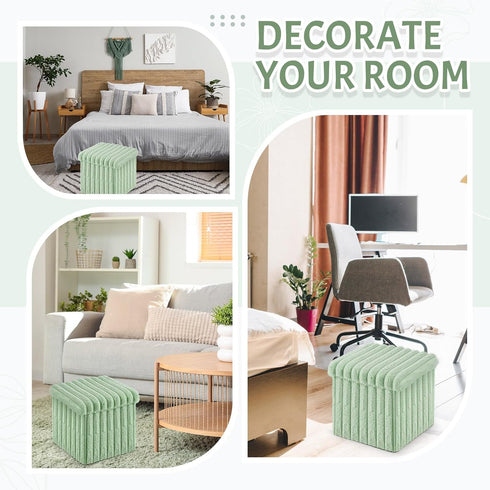 15x15x13 Inch, 265lbs Wenqik Green Storage Ottoman Cube, Fluffy and Furry Green Square Foot Rest Stool, Foldable