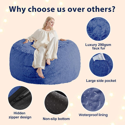 5FT, Bean Bag Cover (No Filler), Faux Fur Beanbag Chairs Covers Only, Stuffed Animal Storage Bean Bag, Big Giant