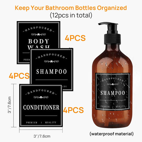 12PCS Bathroom Labels for Soap Dispenser, Waterproof Organization Labels for Shampoo and Body Wash