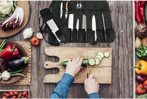 HERSENT Chef Knife Roll Bag with 17 Slots, Holds 13 Knives, 1 Meat Cleaver, Durable with Handle & Shoulder Strap