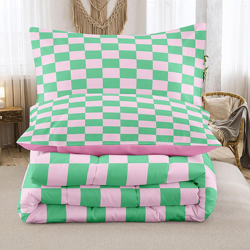 Sets 1 Tailor Shop Green Pink Plaid Comforter Twin Women Men Green Checkerboard Grid Bedding Boys Girls Modern Grass