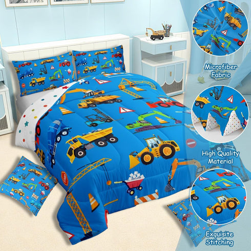 Set Set 1 Feelyou Construction Comforter Boys Twin Size Blue Excavator Bedding with Pillow Cases Kids Trucks Comforter