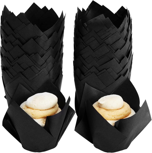 Juvale 100-Piece Bulk Black Tulip Cupcake Liners - 2 x 3.5 Inches Medium Baking Wrappers for Parties & Events