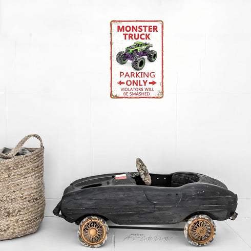 Jinfuteng 8x12 Inch Monster Truck Parking Only Metal Sign, Boys Bedroom Monster Truck Parking Wall Decor, Birthday