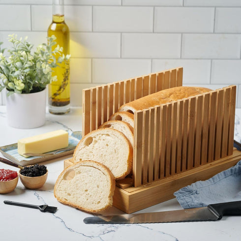 Bread Slicer for Homemade Bread - Bambuesi Upgraded Adjustable Bamboo Bread Cutter Board, Foldable Slicing Guide