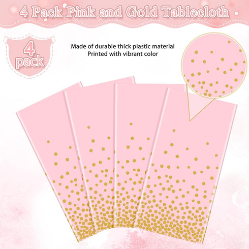 4 Pack 54x108 FunnyPars Pink and Gold Plastic Tablecloth for Parties, Pink Disposable Table Cloth for Rectangle Tables