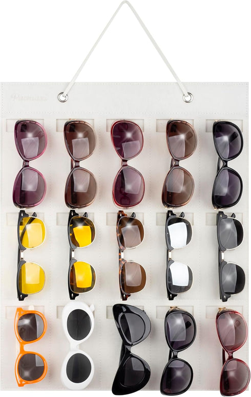 PACMAXI Sunglasses Storage Organizer, Wall Pocket Mounted Eyeglasses Holder, Hanging Eyewear Display (Ivory White, 15