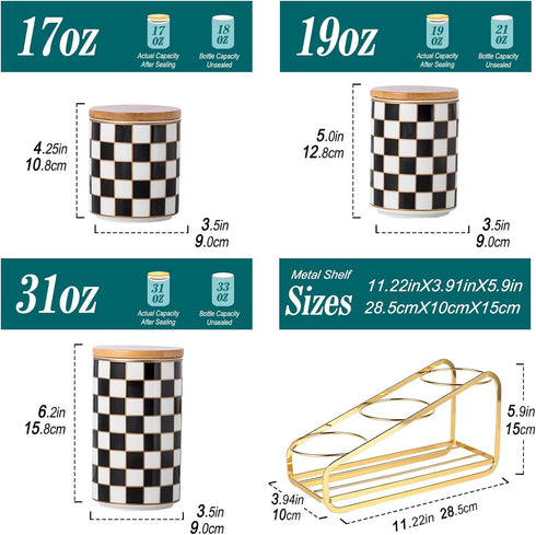 Countertop Set, 3Pcs Countertop Kitchen Ceramic Checkered Canisters Grid Pattern Kitchen Jars with Layered Shelves