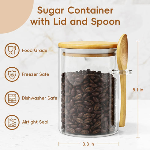 Container,15 Pack 1 Sugar Jar Glass Salt Ounces Clear Airtight Caning with Bamboo Lid and Spoon Scoop, Storage