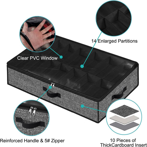 Under Bed Shoe Storage Organizer, 2 Pack for 28 Pairs, Clear Window, Foldable Shoe Rack Holder, Black