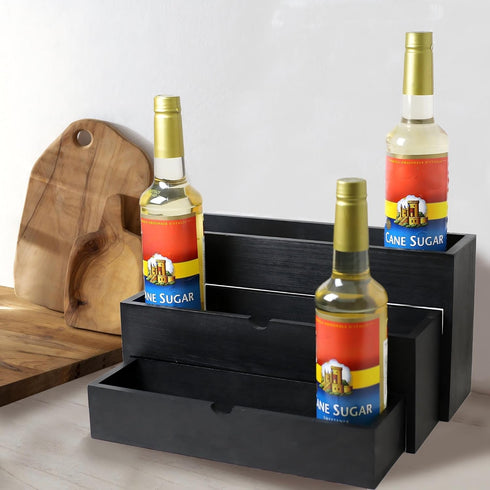 GOVOKOI 3-Tier 12 Bottle(750ml) Black Wood Coffee Syrup Rack Organizer, Separated Bottle Holder for Coffee Bar, Storage