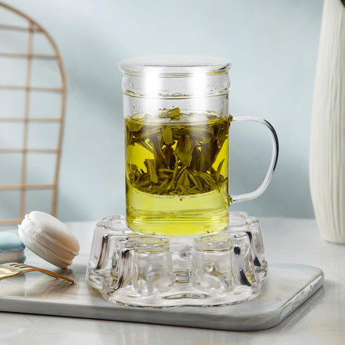 2-IN-1 Sets 4 Glass Tea for Adults - Includes Glass Teapot and Mug with Infuser, Warmer Base, Double Wall Glass Tea Cup